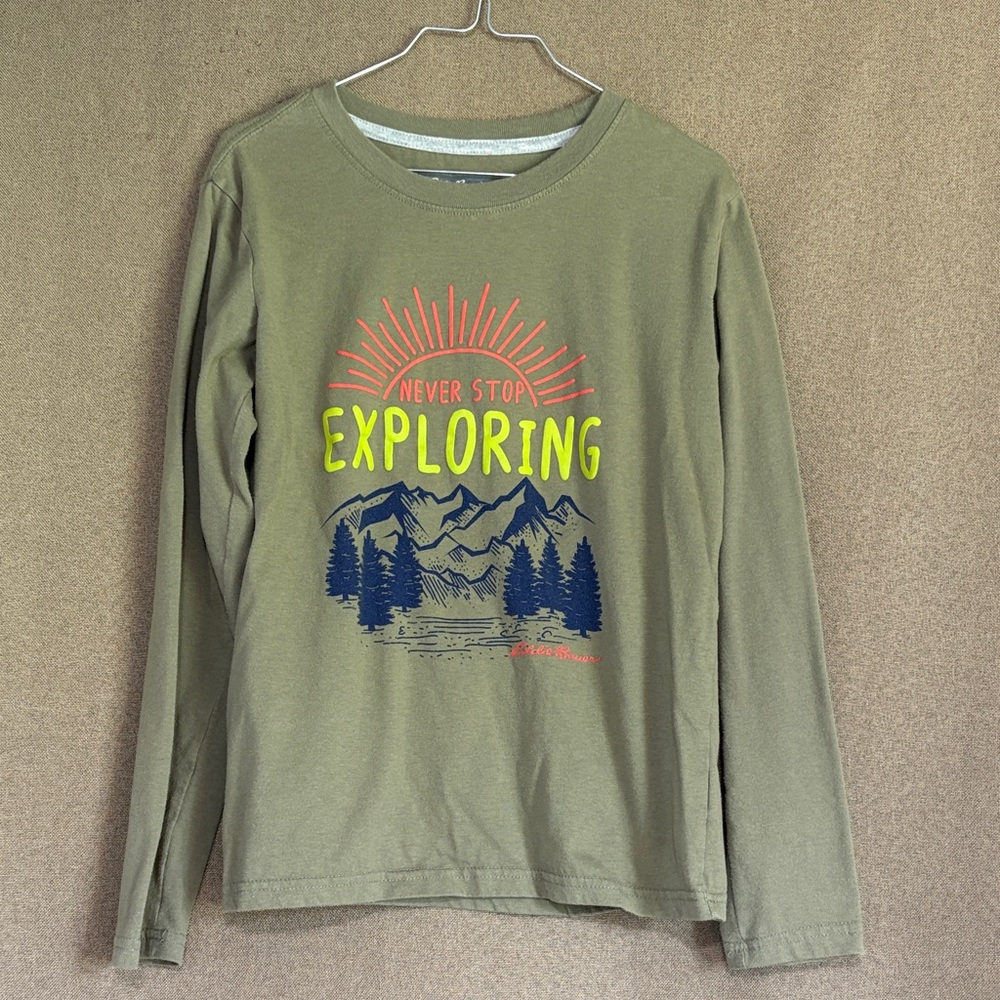 Kids Eddie Bauer Green Adventure Graphic Long Sleeve Tee Size 10